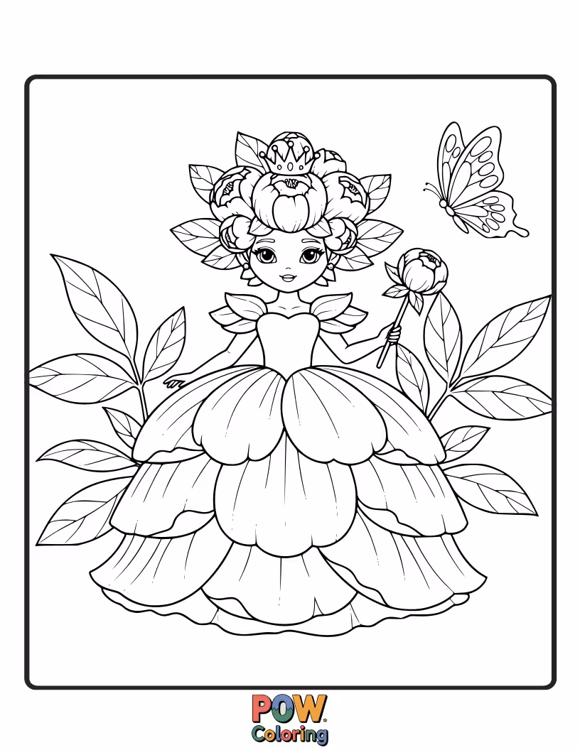 Free coloring page of A gentle princess nestled amongst large, beautiful peony blooms, enjoying their fragrance.