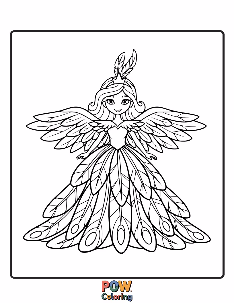 Free coloring page of A powerful princess holding a vibrant phoenix feather, symbolizing rebirth and courage.