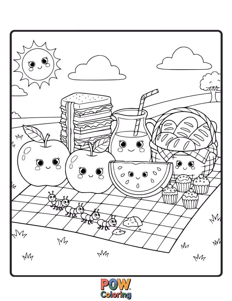 Free coloring page of A checkered picnic blanket spread out with food and drinks. Enjoying a meal outdoors is a camping treat.