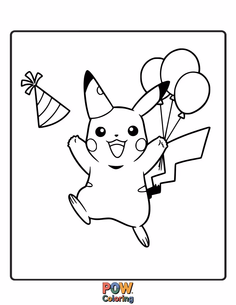 Free coloring page of Pikachu with confetti and streamers, celebrating a special occasion.