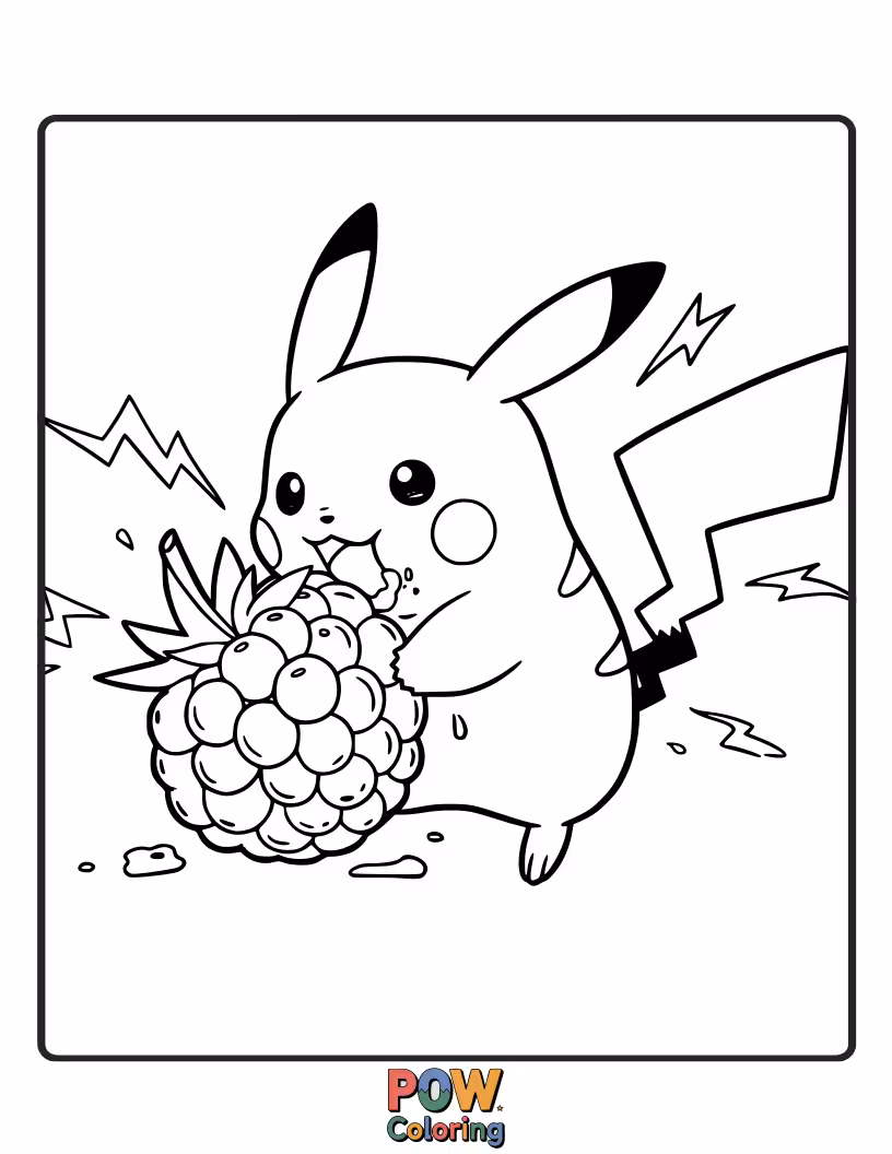 Free coloring page of Pikachu happily munching on a juicy red berry.