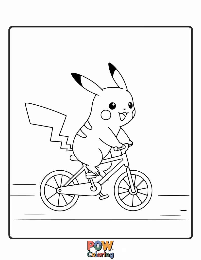 Free coloring page of Pikachu pedaling a small, cheerful bicycle.