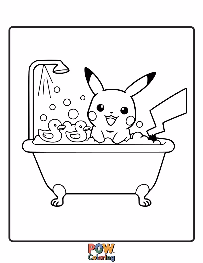 Free coloring page of Pikachu having a bubbly bath with rubber ducky.