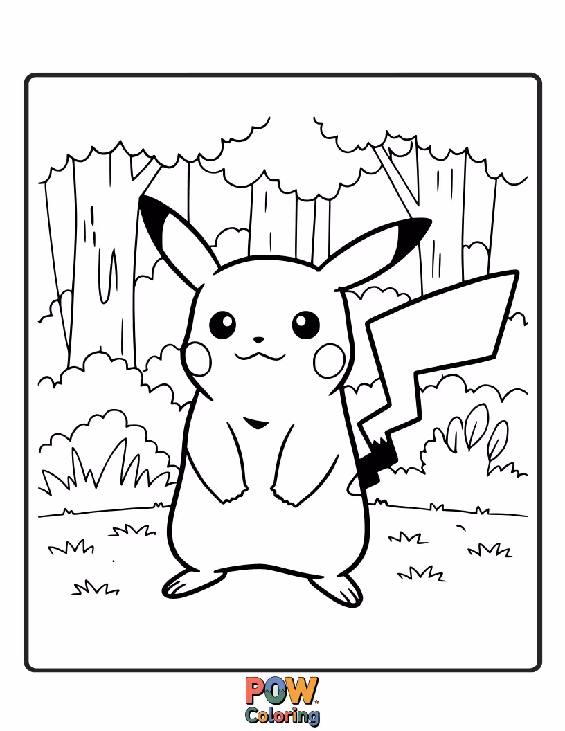 Free coloring page of Pikachu exploring a lush, green forest.