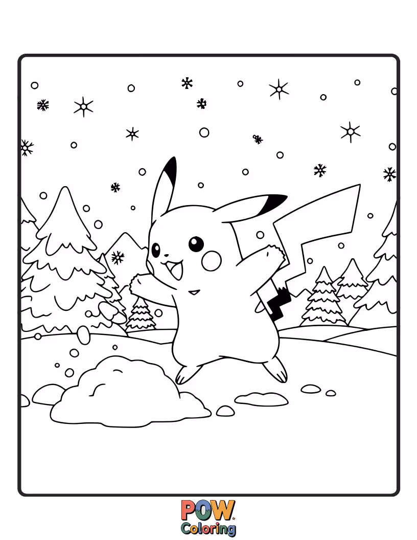Free coloring page of Pikachu playing joyfully in the snow.