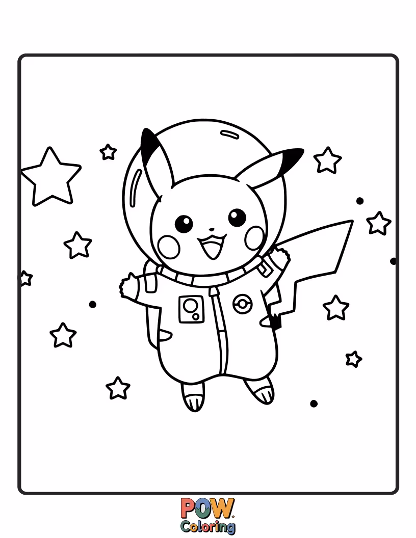Free coloring page of Pikachu floating in outer space, with stars and planets.