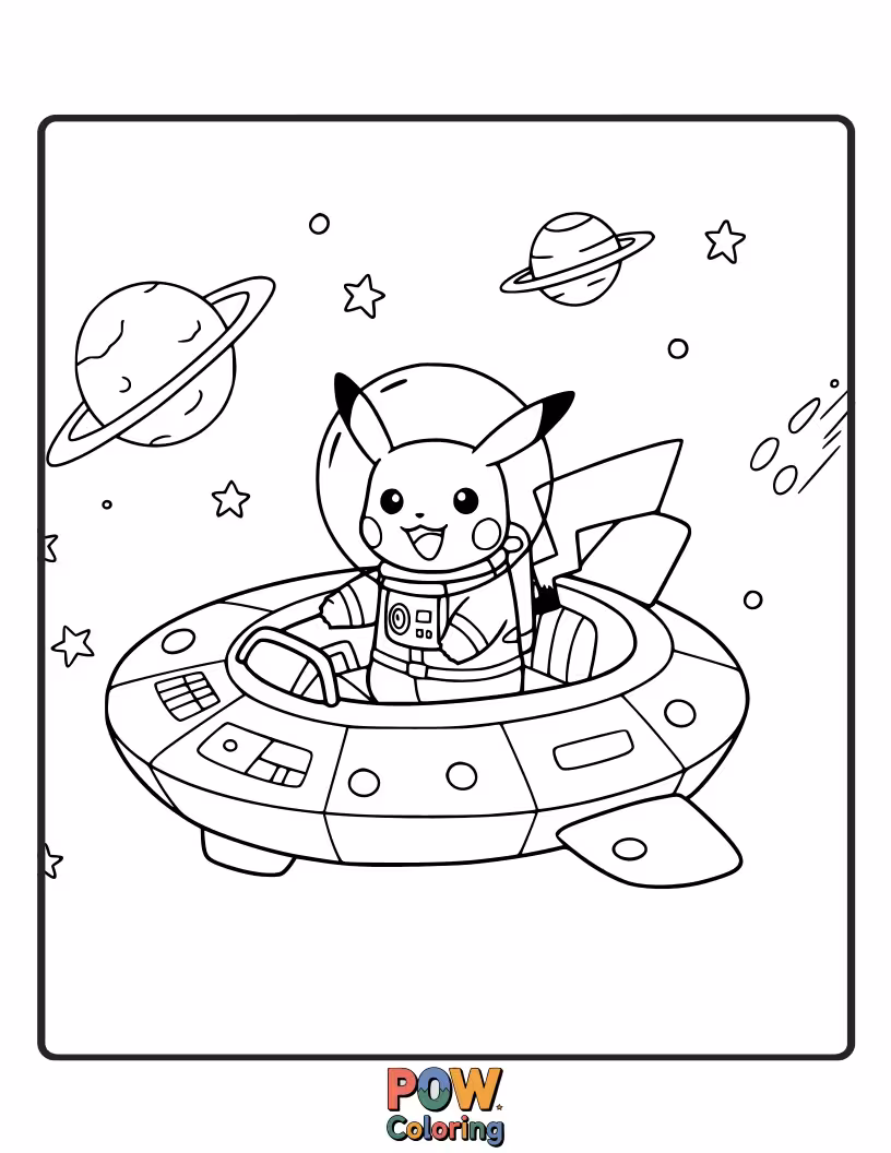 Free coloring page of Pikachu piloting a small, cute spaceship.