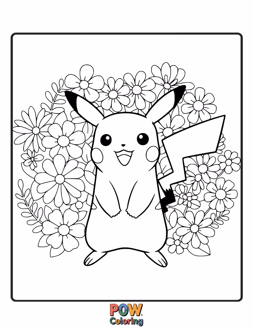 Free coloring page of Pikachu surrounded by a field of blooming flowers.