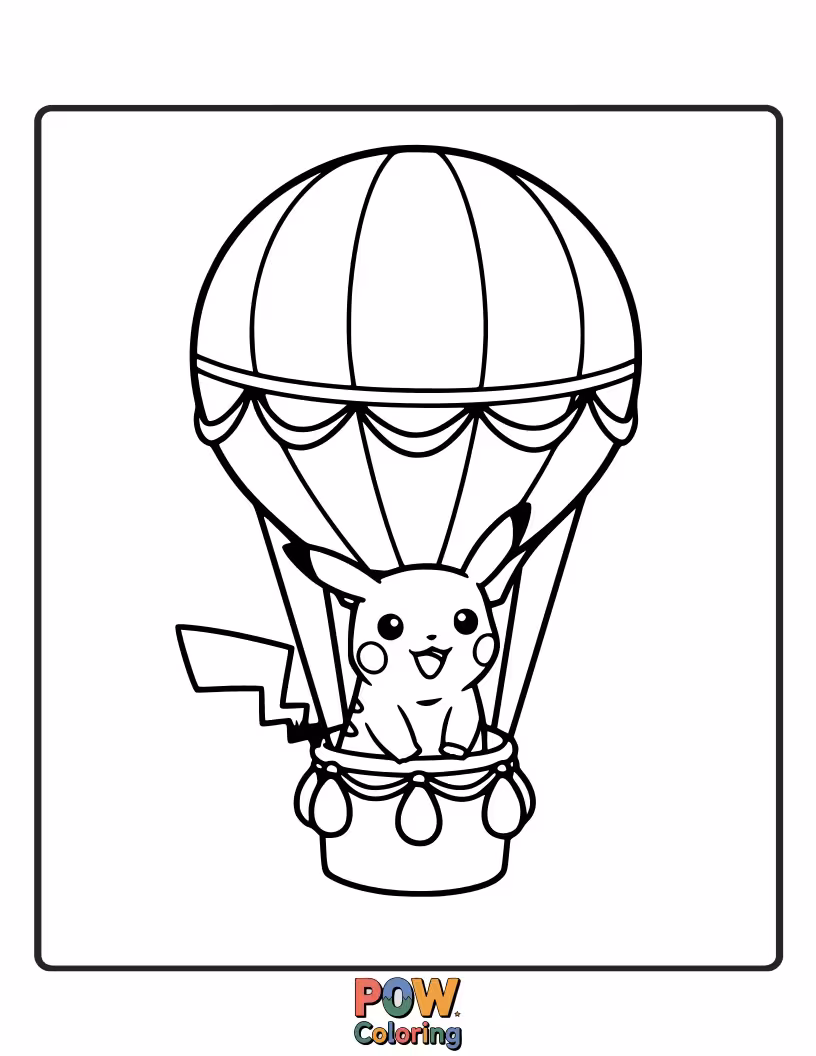 Free coloring page of Pikachu peeking out of a colorful hot air balloon basket.