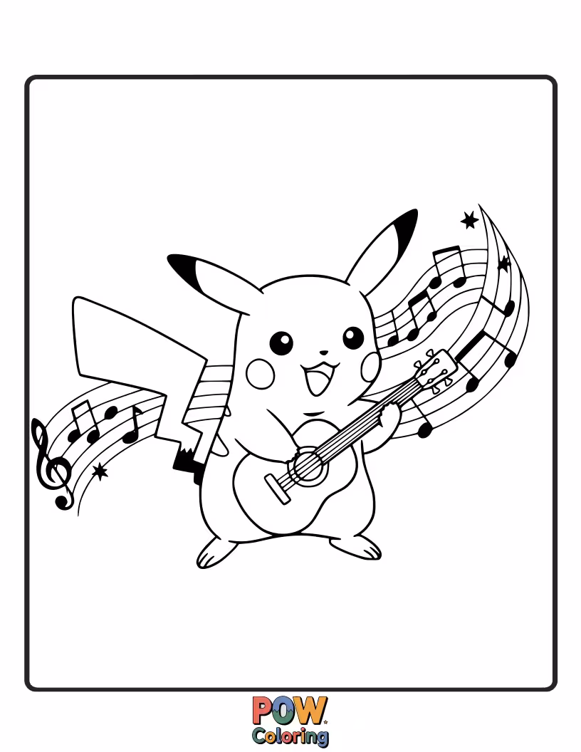 Free coloring page of Pikachu surrounded by floating music notes.