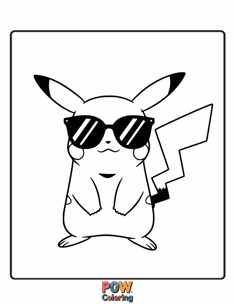 Free coloring page of Pikachu looking cool with trendy sunglasses on.