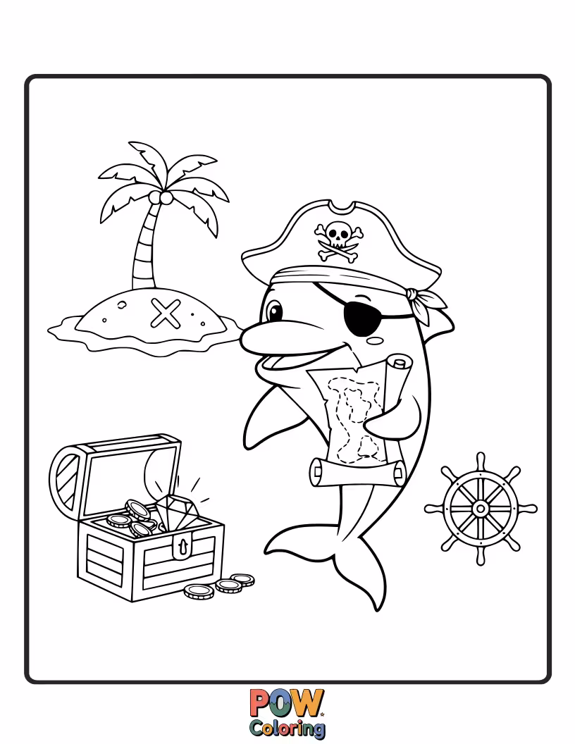 Free coloring page of Arrr, matey! This dolphin is a swashbuckling pirate searching for buried treasure.