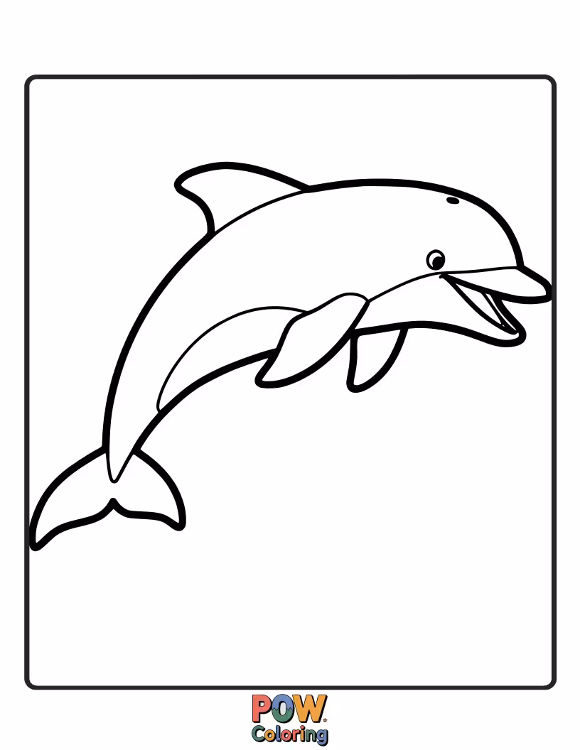Free coloring page of A happy dolphin leaps out of a wave, showing its joyful spirit. Perfect for little ones learning to color.