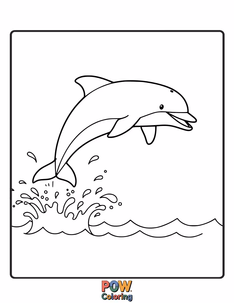 Free coloring page of A playful dolphin jumping out of the water, offering a dynamic shape for little ones to color with excitement.