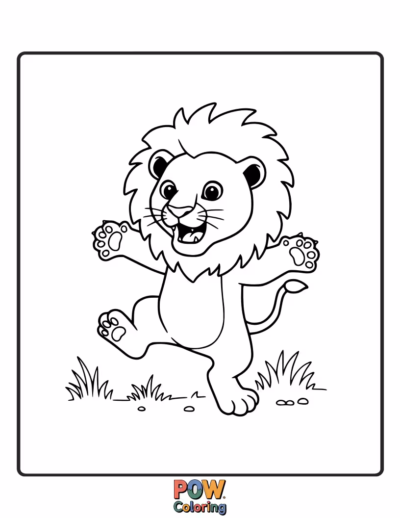 Free coloring page of An adorable lion cub pounces playfully, perfect for little artists.