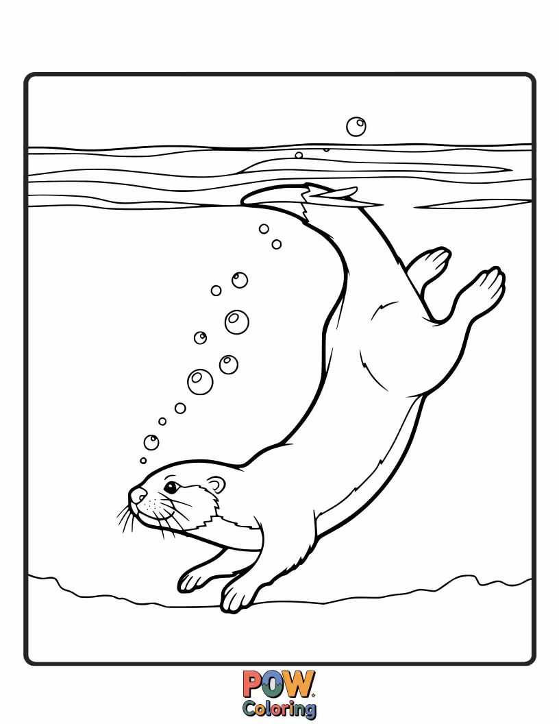 Free coloring page of A cheerful otter joyfully plunging into cool, wavy water, ready to be brought to life with vibrant colors. Perfect for little artists.