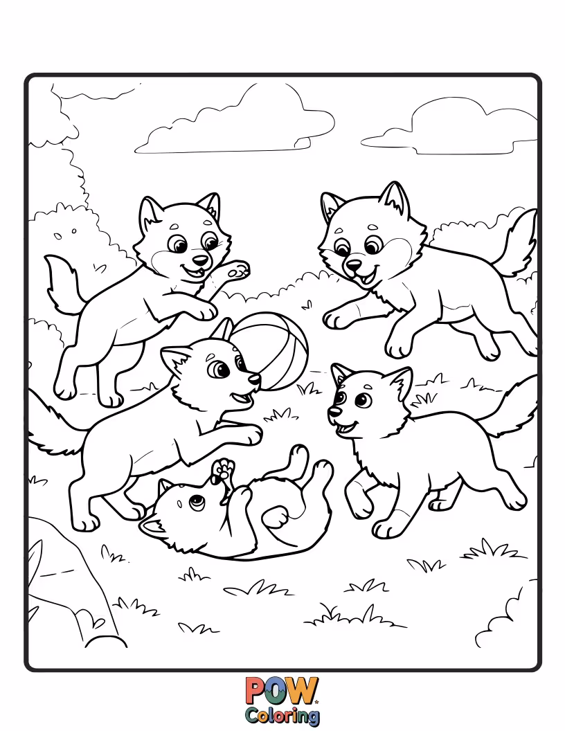 Free coloring page of Two adorable wolf cubs tumble and play in a grassy meadow, their tails wagging with excitement.