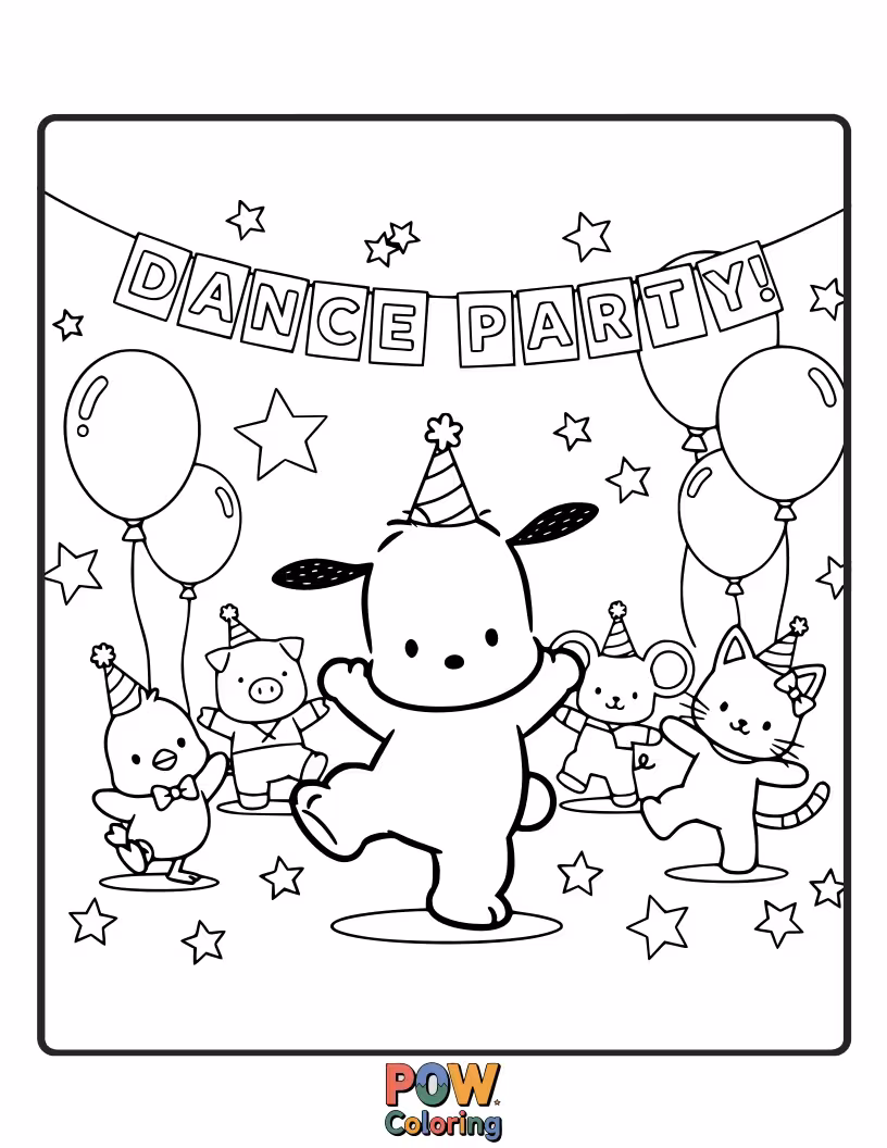 Free coloring page of Pochacco grooving to the music with his friends at a lively party.