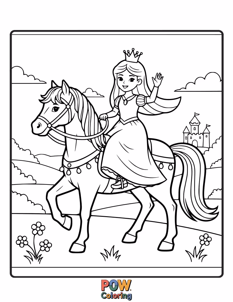 Free coloring page of A spirited princess riding a majestic white horse through a scenic landscape.