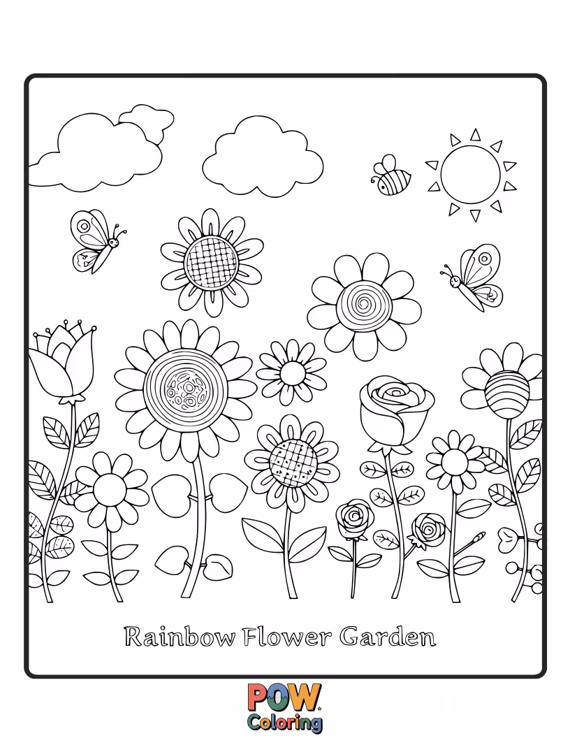 Free coloring page of A garden bursting with flowers in every color of the rainbow invites the most vibrant and joyful artistic expression.
