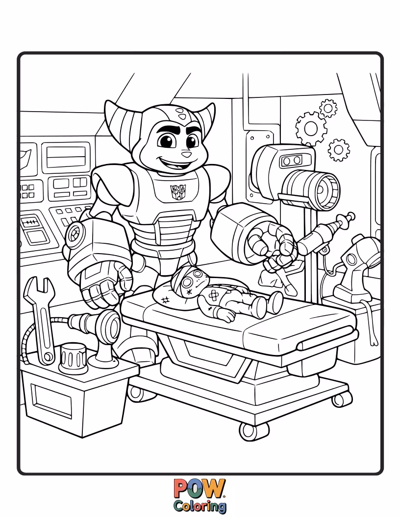 Free coloring page of Ratchet, the Autobot medic, working in his workshop, surrounded by medical equipment and tools.