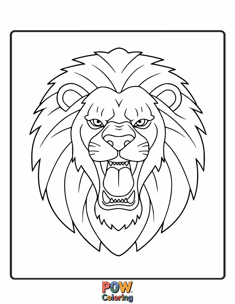 Free coloring page of A powerful lion's face captured in a fierce roar, showing off its impressive teeth.