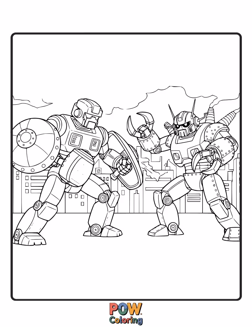 Free coloring page of An exciting battle between Autobots and Decepticons, with dynamic poses and energy effects.