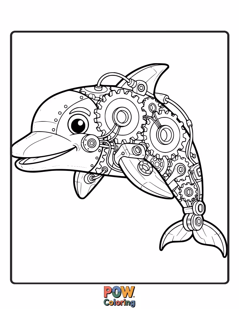 Free coloring page of A mechanical marvel! This dolphin is made of nuts, bolts, and shiny gears.