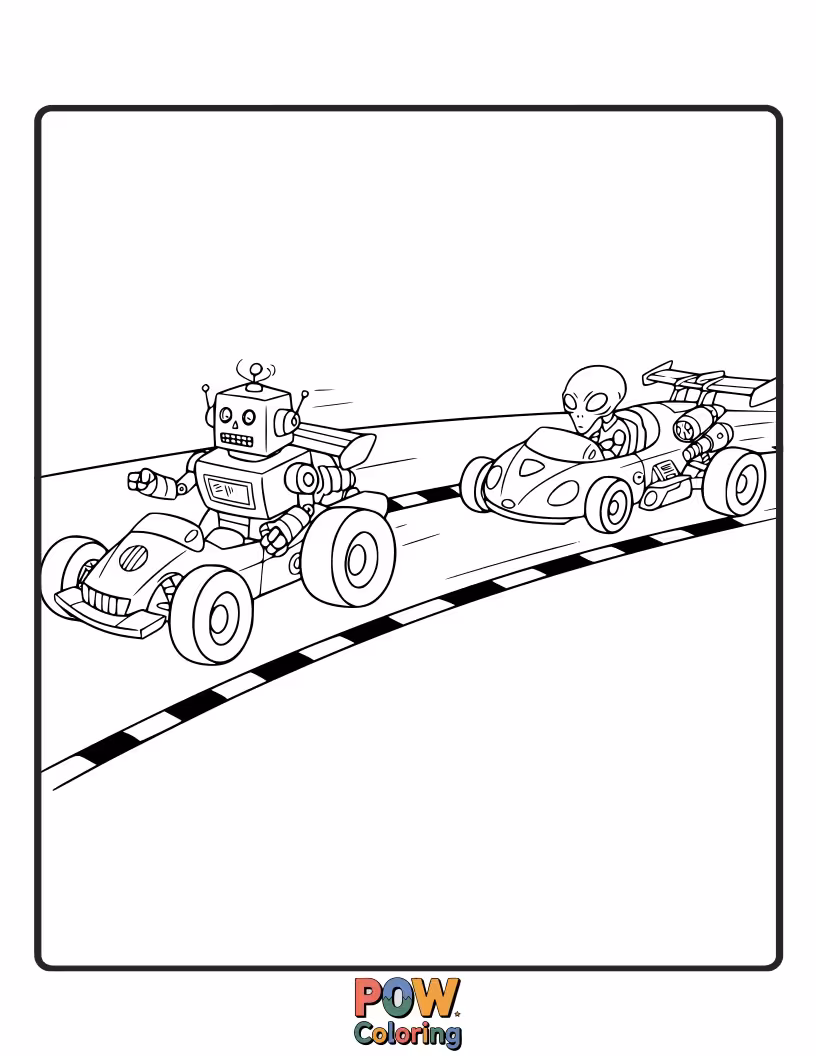 Free coloring page of A dynamic scene of a robot race car competing against a quirky alien spacecraft racer.
