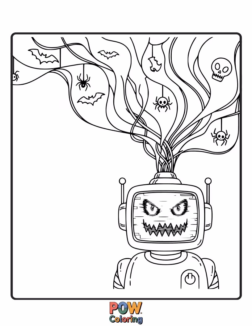 Free coloring page of A rusty robot is trying to act scary but is programmed for cuddles instead.