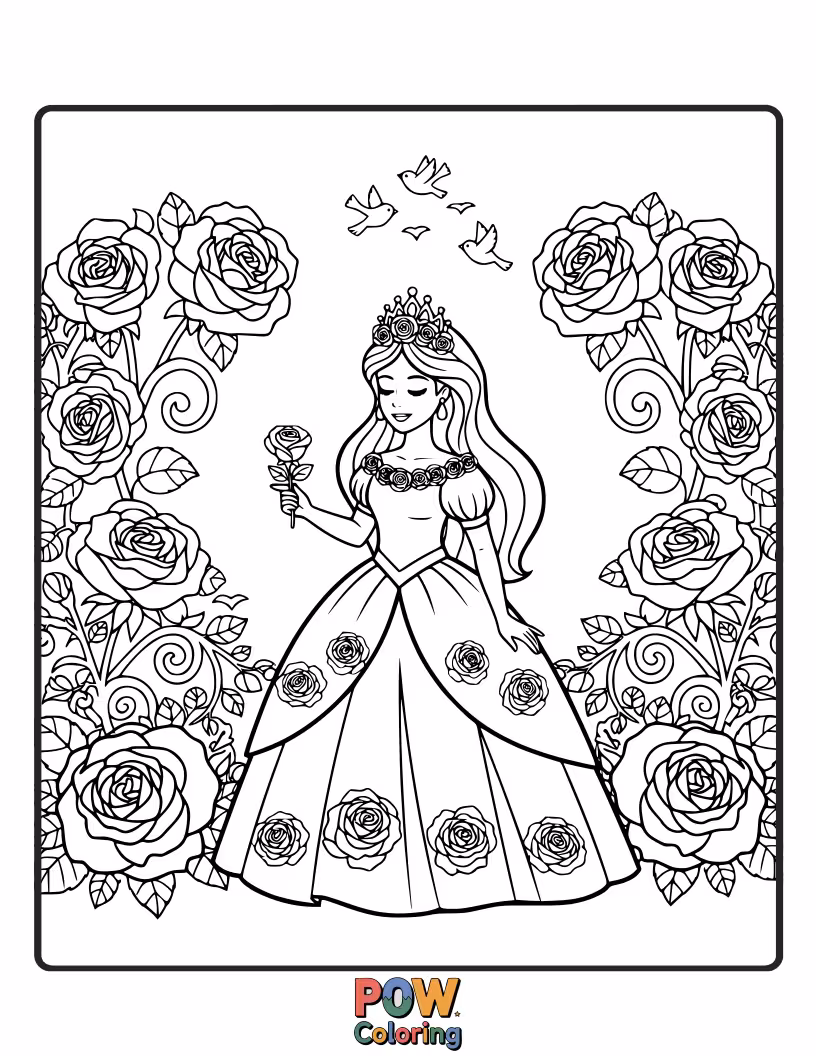 Free coloring page of A delicate princess picking beautiful roses in a vibrant, blooming garden. So many colors!
