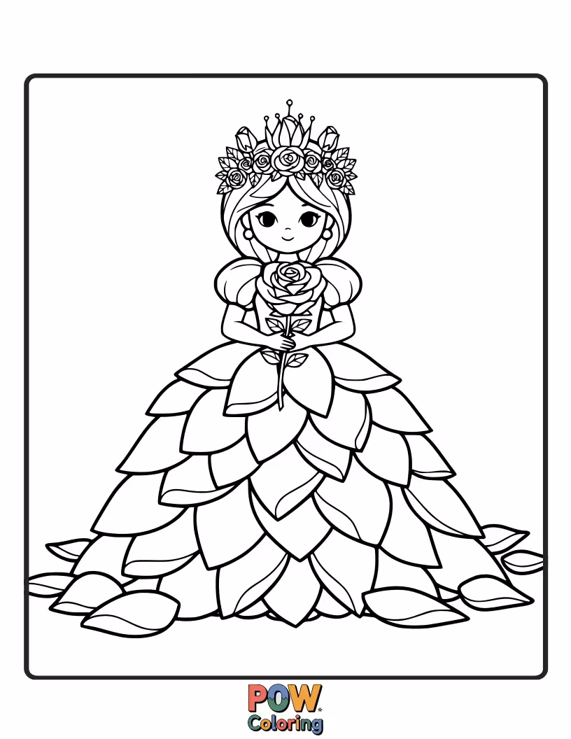 Free coloring page of A gentle princess sitting in a bed of soft rose petals, enjoying their beauty.