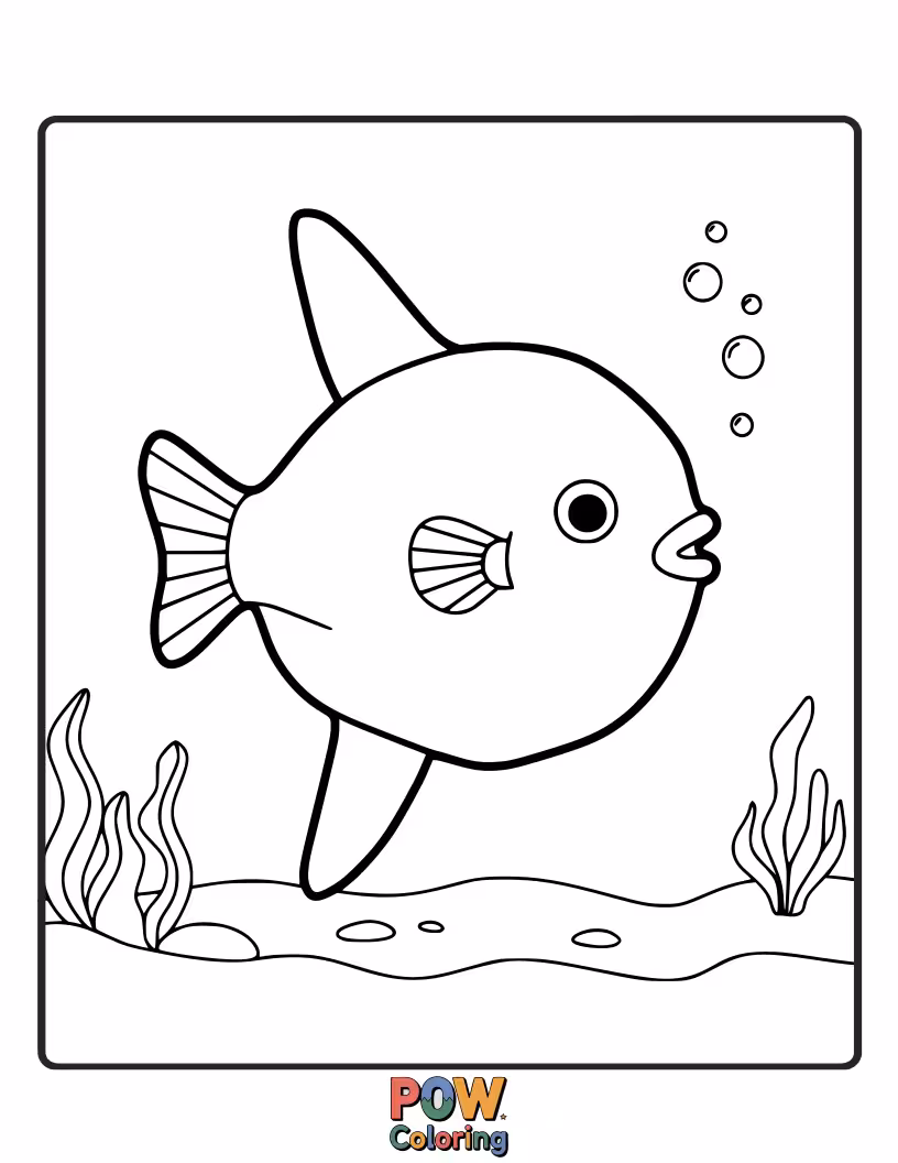 Free coloring page of A large, round sunfish outline, perfect for filling in a big, satisfying shape with bold colors.