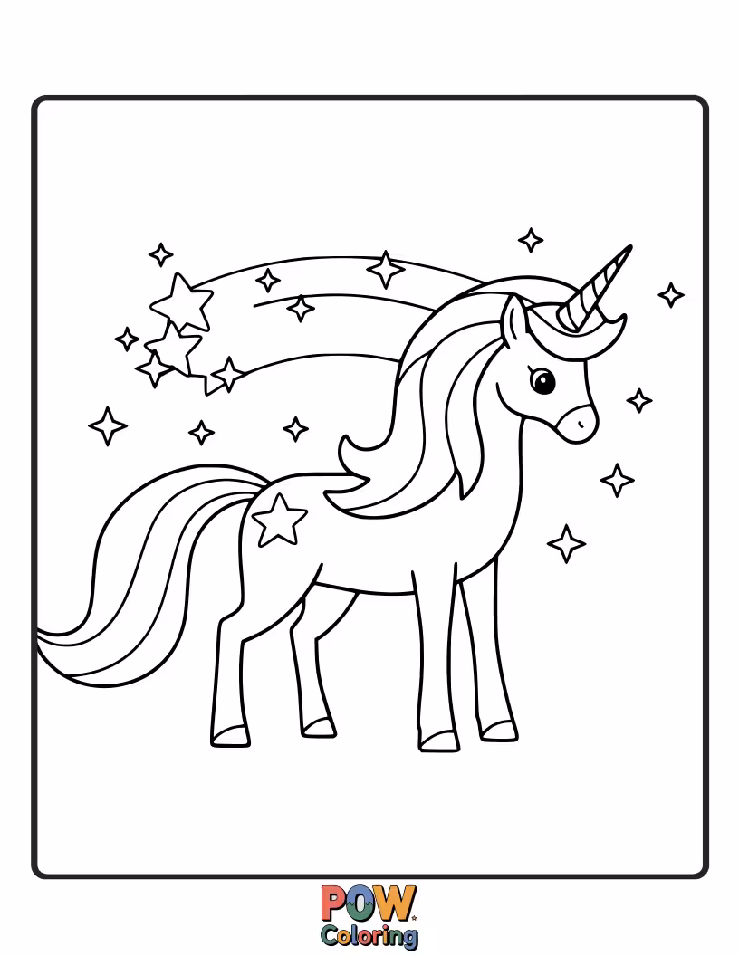 Free coloring page of Unicorn gracefully leaping through the night sky, chasing after a fleeting shooting star.