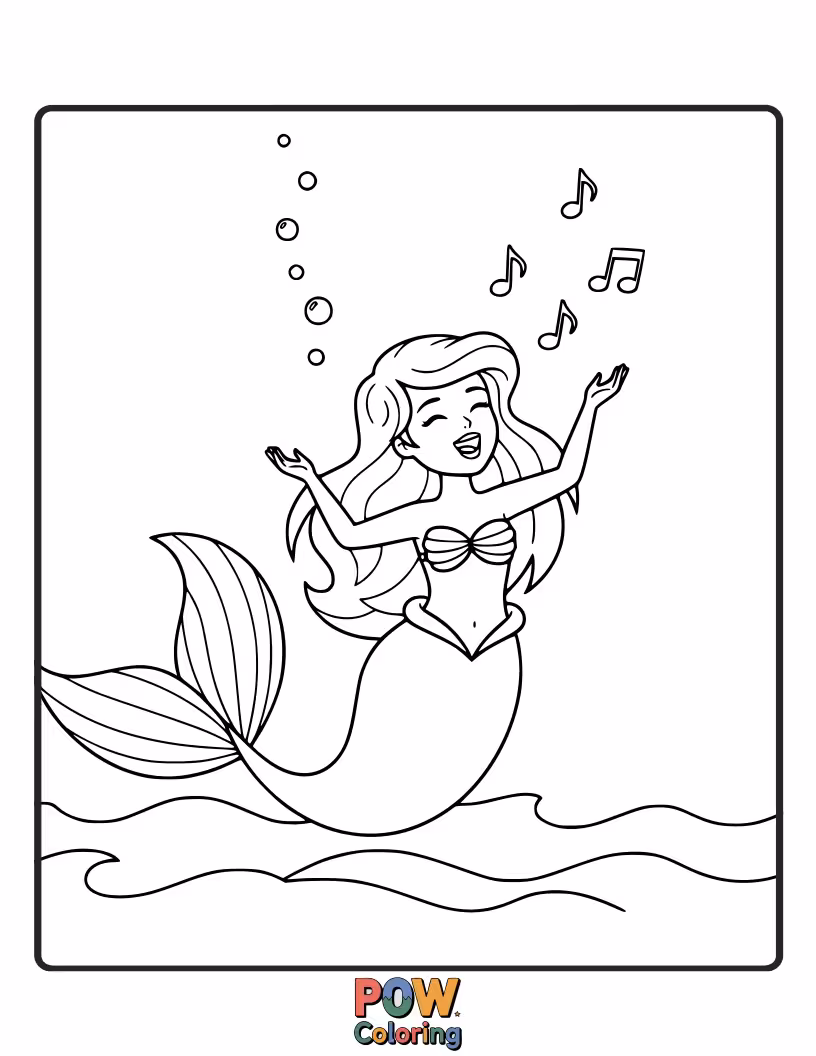 Free coloring page of A beautiful mermaid princess singing a captivating song from a rocky outcrop.