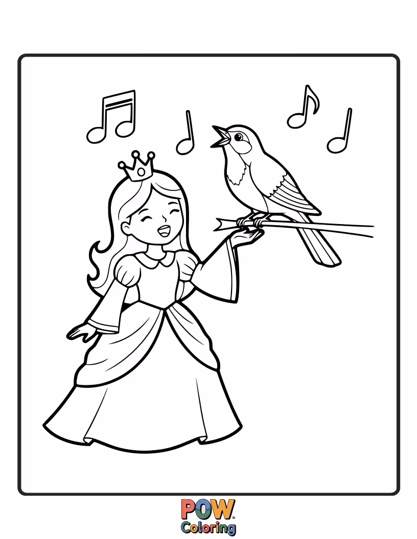 Free coloring page of A princess captivated by the beautiful song of a tiny, chirping nightingale.