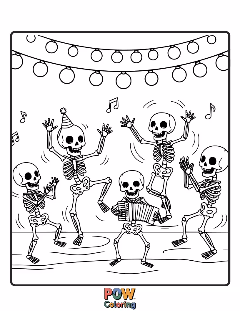 Free coloring page of Bones are rattling and rolling as skeletons bust a move on the dance floor.