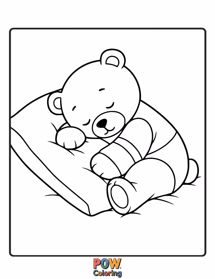 Free coloring page of A cuddly teddy bear dozing peacefully with closed eyes. Ideal for developing patience and color blending techniques.