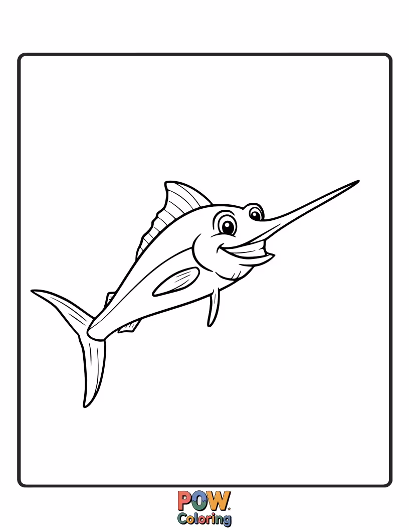 Free coloring page of A friendly swordfish with its iconic bill, offering a unique shape for children to color and imagine ocean adventures.