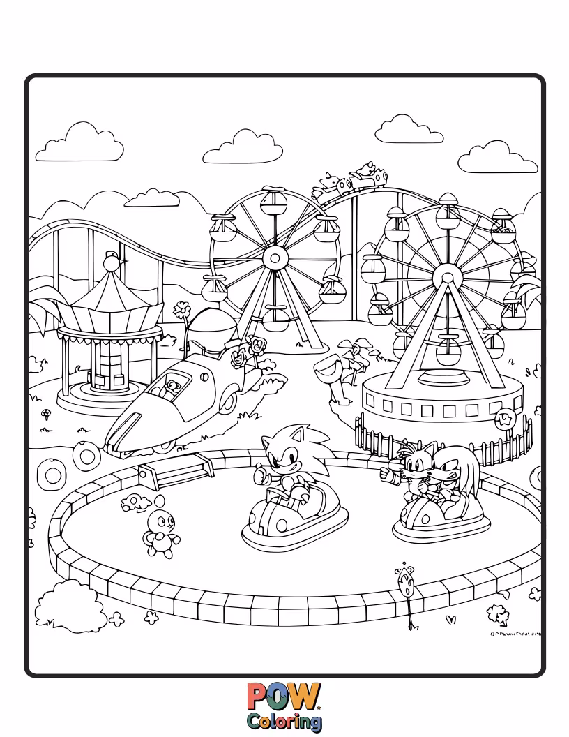 Free coloring page of Sonic enjoying rides at an amusement park. Fun and exciting attractions to color.