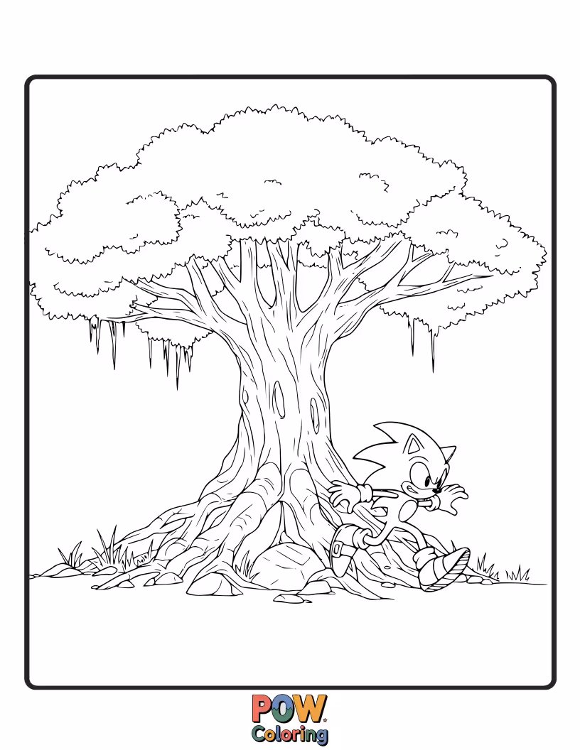 Free coloring page of Sonic leaning against a wise, ancient tree. Calm and grounded scene.