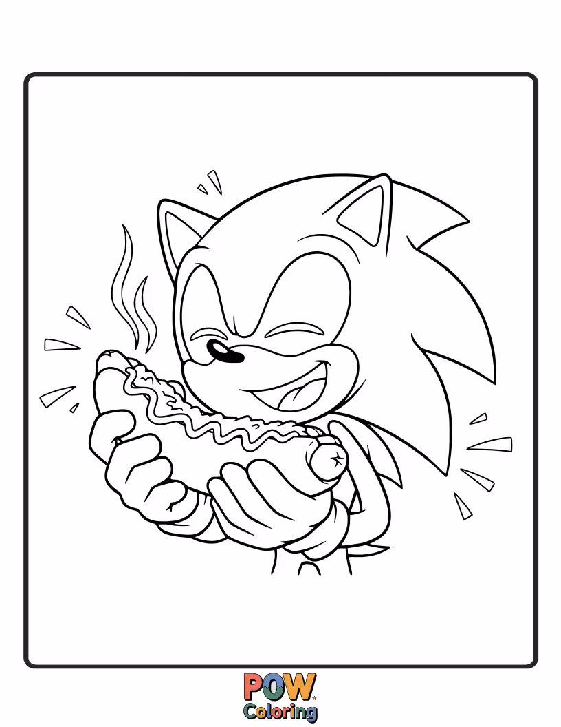 Free coloring page of Sonic happily munching on his favorite chili dog. A delicious and fun scene.