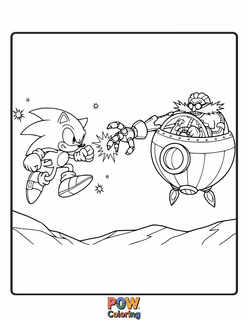 Free coloring page of Sonic confronts his arch-nemesis, Dr. Eggman. An epic showdown for brave colorists.