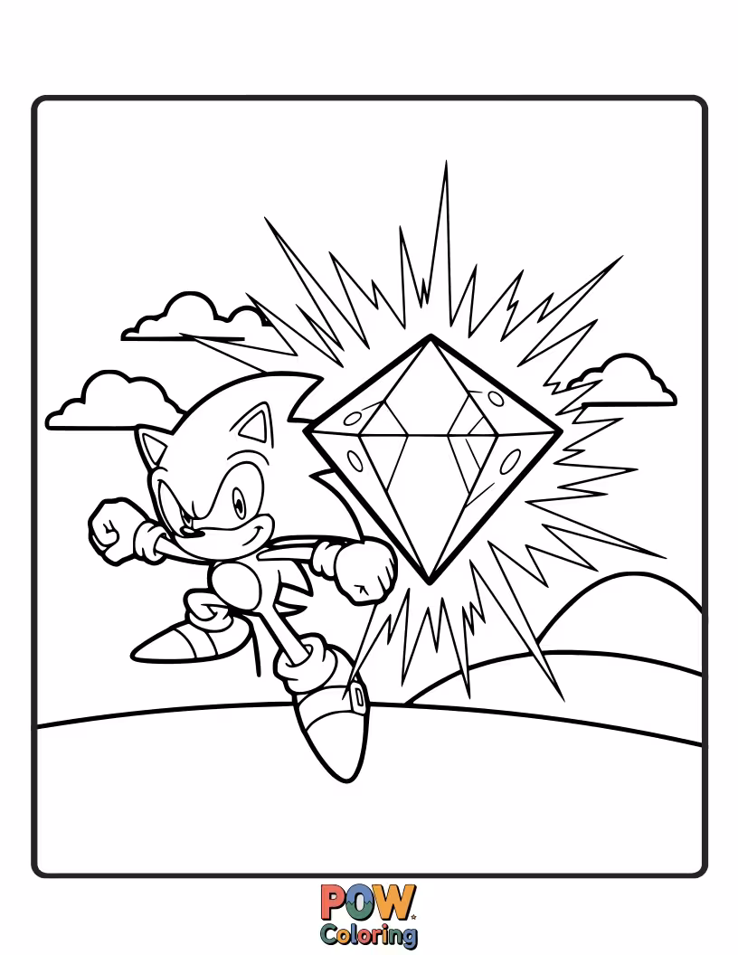 Free coloring page of Close-up of Sonic holding a radiant Chaos Emerald. Focus on detail and shine.