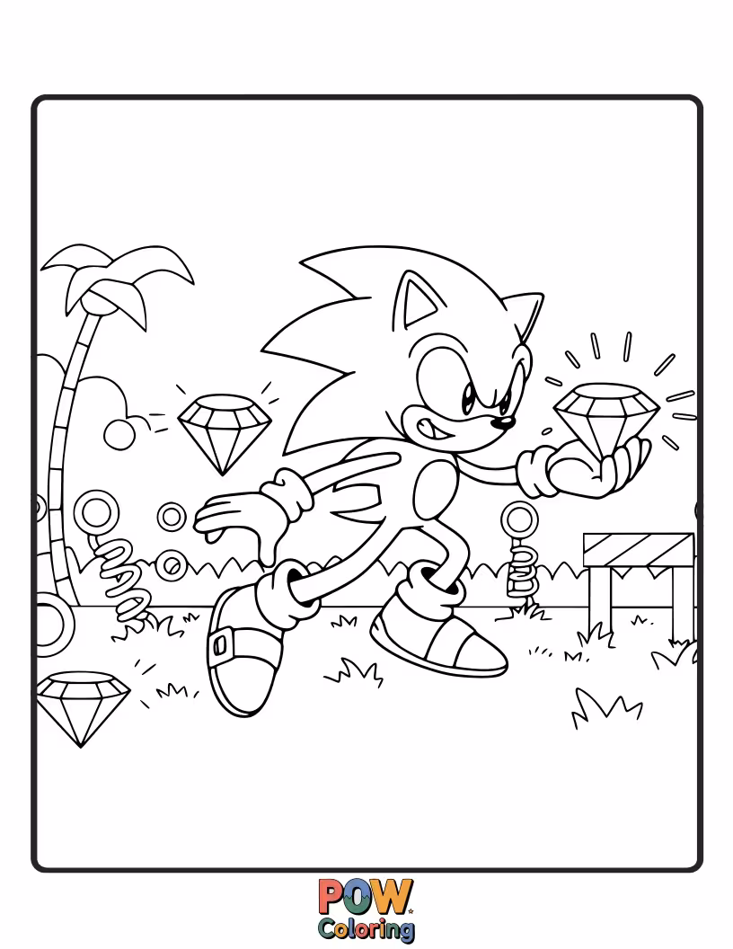 Free coloring page of Sonic collecting various colorful gems. Focus on sparkle and shine.
