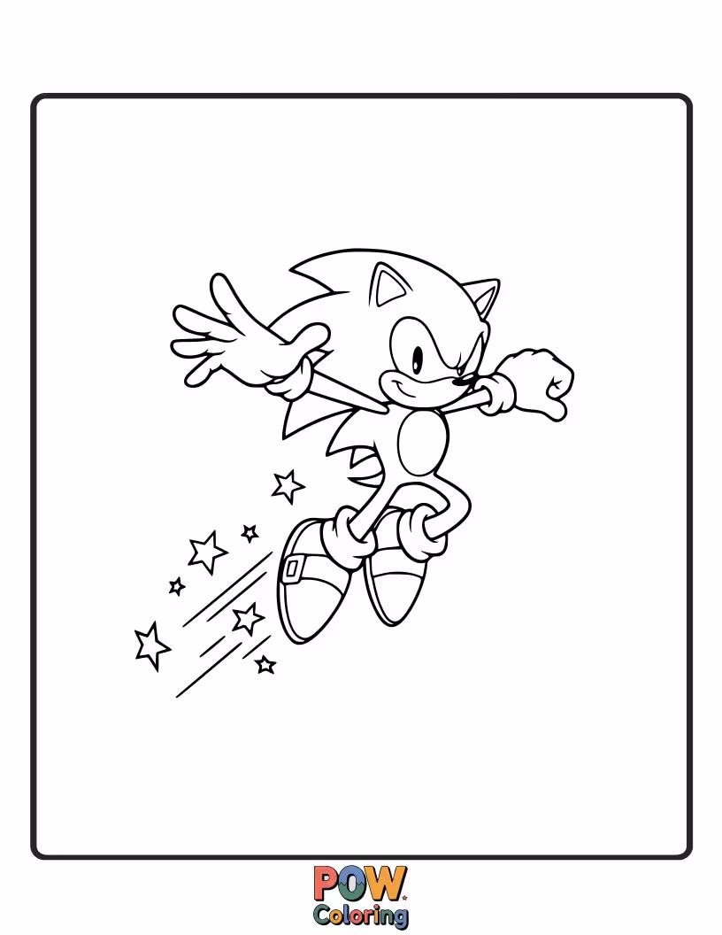 Free coloring page of Sonic soaring through the air in a mighty leap. Dynamic action for vibrant colors.
