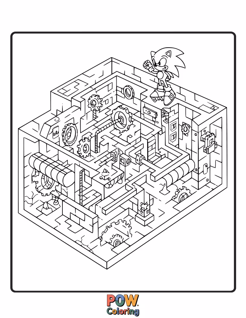 Free coloring page of Sonic navigating a complex mechanical maze. Focus on lines and shapes.