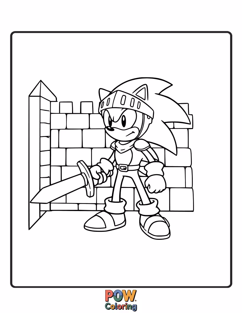 Free coloring page of Sonic in a medieval setting, perhaps with knights or castles. Epic fantasy coloring.