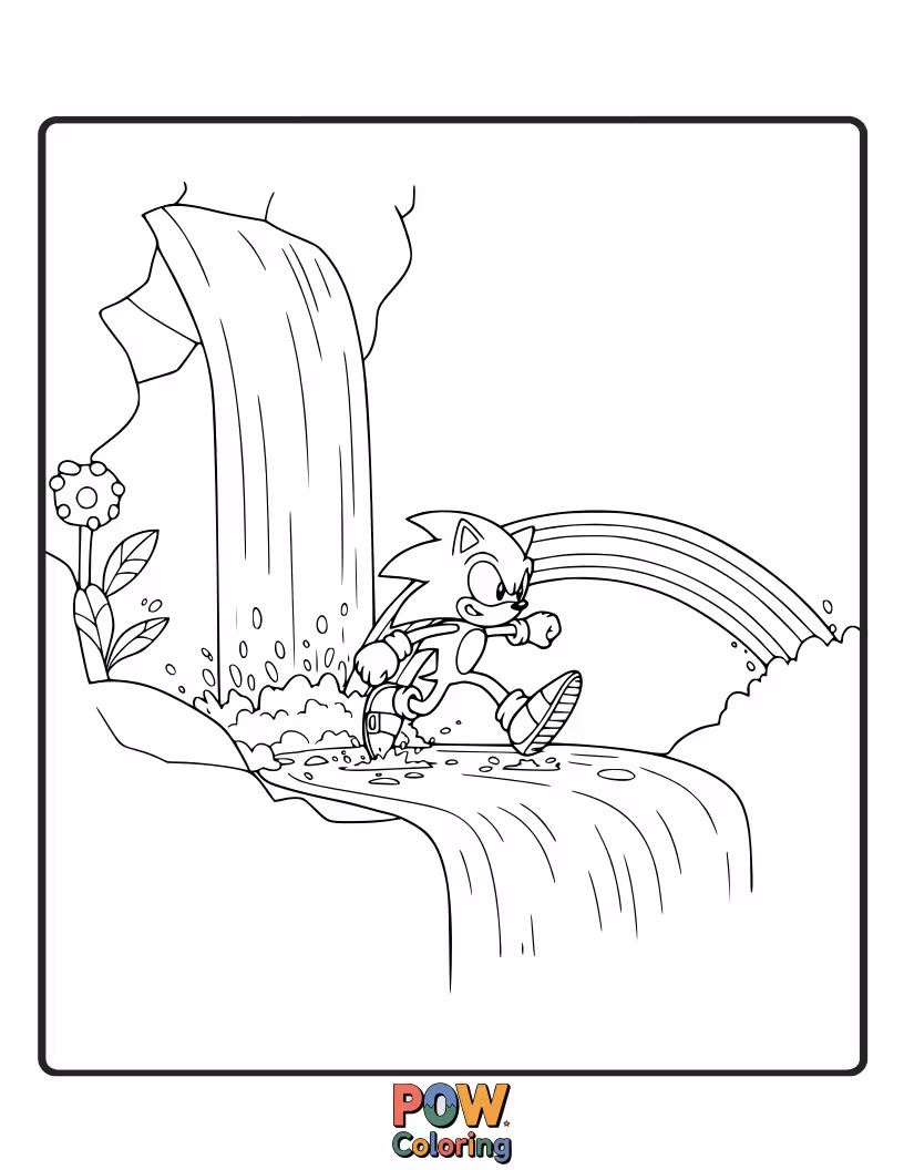 Free coloring page of Sonic running past a vibrant rainbow waterfall. Focus on liquid and color effects.