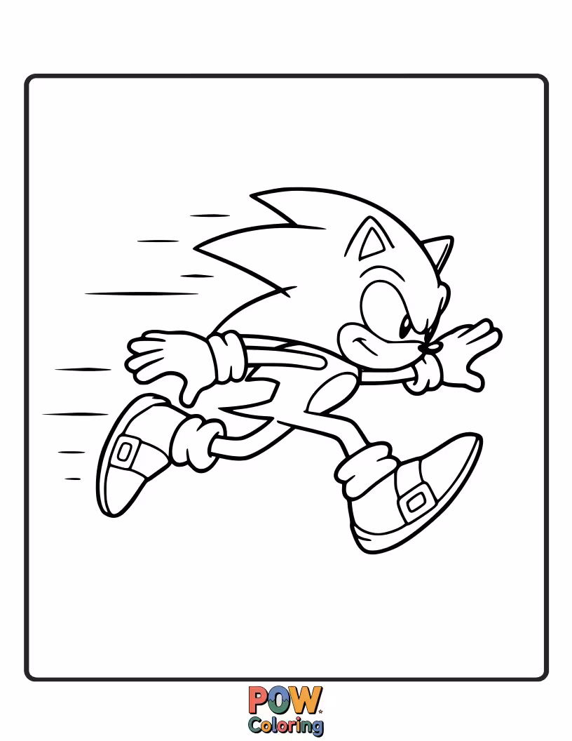 Free coloring page of A silhouette of Sonic running against a colorful background. Focus on shape and contrast.